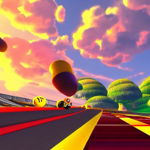 Prompt: A Mario Kart uniquely crafted high quality Track in the clouds at sunrise.