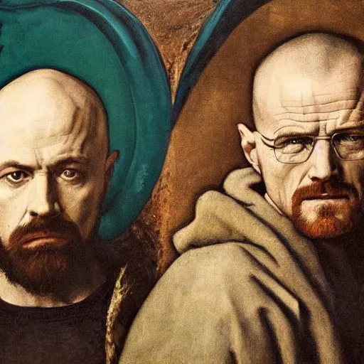 Prompt: portrait of walter white and jesse pinkman from breaking bad with blue crystals, detailed oil painted by albrecht durer, classic pose, medieval dressed