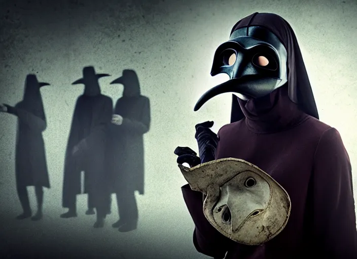 Prompt: photograph of a woman with a plague doctor mask staring at zombies, 8k resolution, high detail, ULTRA REALISTIC VFX, reflections