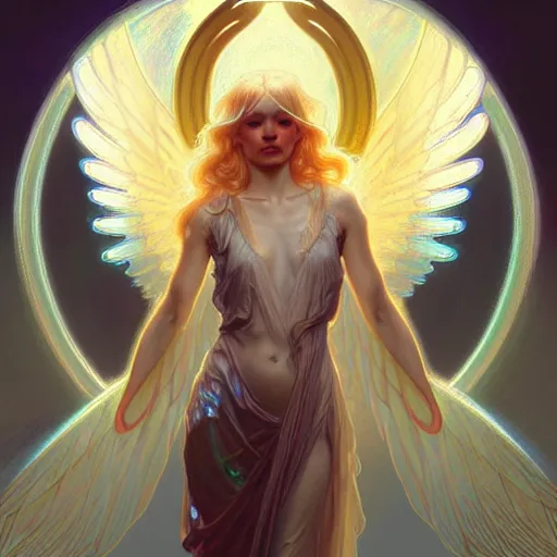 Image similar to Winged girl angel covered in eyes with blonde hair and glowing halo, iridescent, seraphim, fantasy, intricate, elegant, highly detailed, digital painting, artstation, concept art, smooth, sharp focus, illustration, art by Krenz Cushart and Artem Demura and alphonse mucha