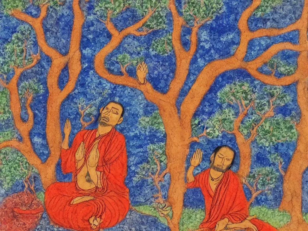 Image similar to Mystic, yogi, in trance, meditating under a tree. Indian, Pahari miniature, colorful, red, deep blue.