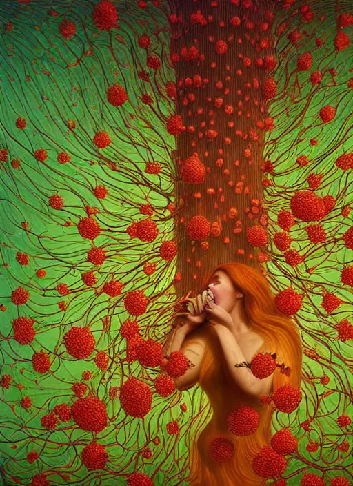 Image similar to hyper detailed 3d render like a Oil painting - Aurora (Singer) Eats of the Strangling Fruit and Her gossamer polyp blossoms bring iridescent fungal flowers whose spores black the foolish stars by Jacek Yerka, Mariusz Lewandowski, Houdini algorithmic generative render, Abstract brush strokes, Masterpiece, Edward Hopper and James Gilleard, Zdzislaw Beksinski, Mark Ryden, Wolfgang Lettl, hints of Yayoi Kasuma, octane render, 8k