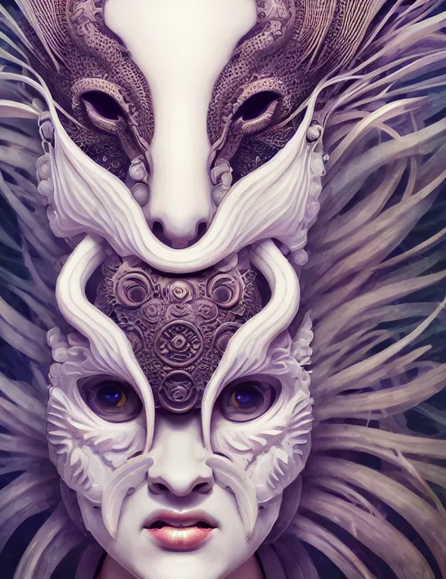 Image similar to 3 d goddess close - up frontal portrait with ram skull. beautiful intricately detailed japanese crow kitsune mask and clasical japanese kimono. betta fish, jellyfish phoenix, bio luminescent, plasma, ice, water, wind, creature, artwork by tooth wu and wlop and beeple and greg rutkowski