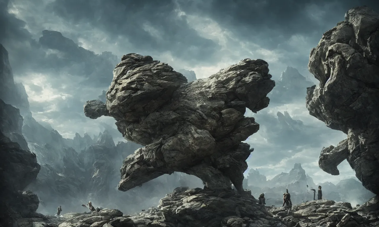 Image similar to creature made of rocks throwing rocks alpine valley. greg rutkowski, andreas achenbach, artgerm, mikko lagerstedt, zack snyder, tokujin yoshioka