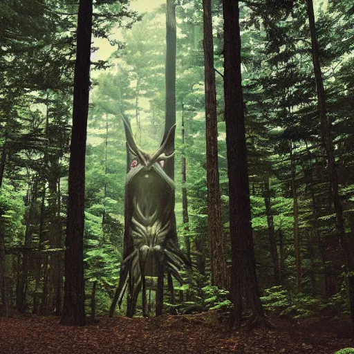 Image similar to beautiful Appalachian forest with a wendigo looming in the background