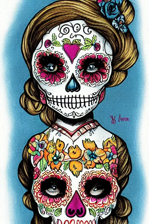 Image similar to illustration of a sugar skull day of the dead girl, art by earl moran