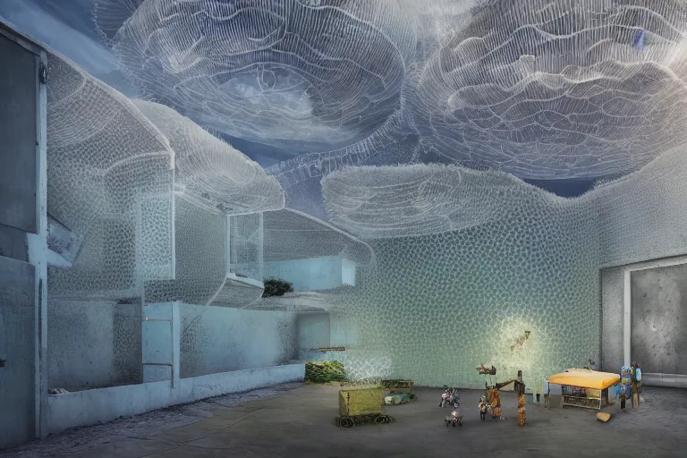 Prompt: favela simple jellyfish bunker honeybee hive, mission arts environment, industrial factory, soothing, award winning art, epic dreamlike fantasy landscape, ultra realistic,