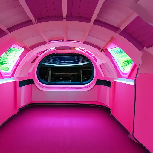 Prompt: the inside of a pink spaceship