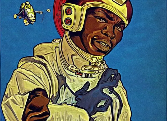 Image similar to an african man, dressed as an astronaut, well composed, clean, elegant painting, beautiful detailed face, comic book art by steve ditko and jack kirby and ( alphonse mucha )