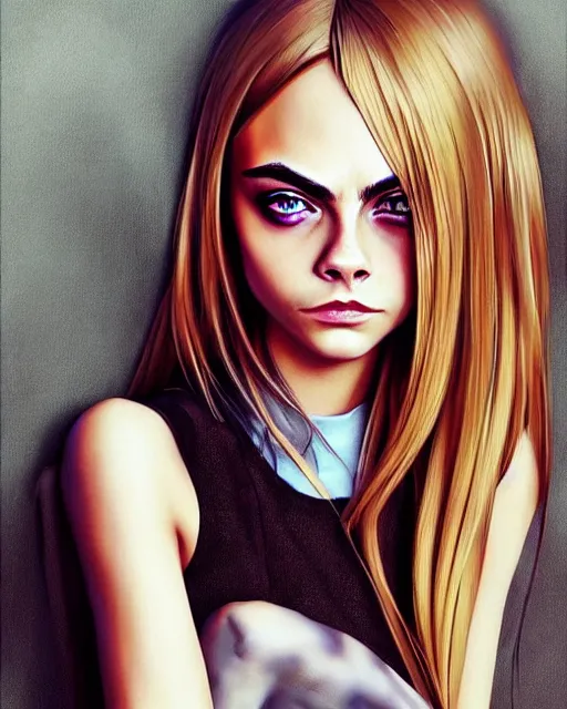 Image similar to portrait of Cara Delevingne as Anime girl cute-fine-face, full body! pretty face, realistic shaded Perfect face, fine details. Anime. realistic shaded lighting by Ilya Kuvshinov Giuseppe Dangelico Pino and Michael Garmash and Rob Rey