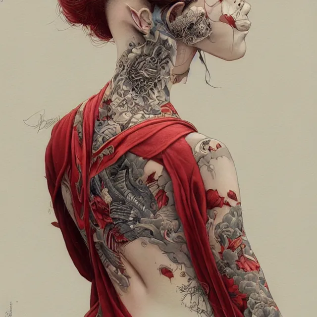 Image similar to ultra realistic illustration, beautiful woman dressed in red kimono, backview, tattoos, in the style of peter mohrbacher by weta digital and beth cavener, high face symmetry, intricate, masterpiece, award winning, high face symmetry, intricate