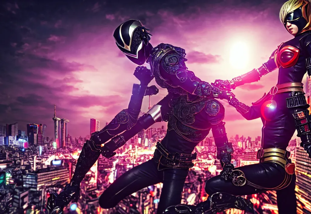 Image similar to huge belt, female kamen rider, hero action pose, human structure, human anatomy, full body hero, intricate detail, hyperrealistic art and illustration by a. k. a limha lekan a. k. a maxx soul and alexandre ferra, global illumination, blurry and sharp focus, on future tokyo night rooftop, frostbite engine