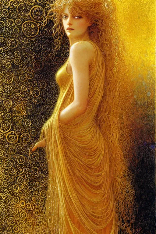 Prompt: portrait of tomboy in golden dress, fantasy, intricate, jean delville, luis royo