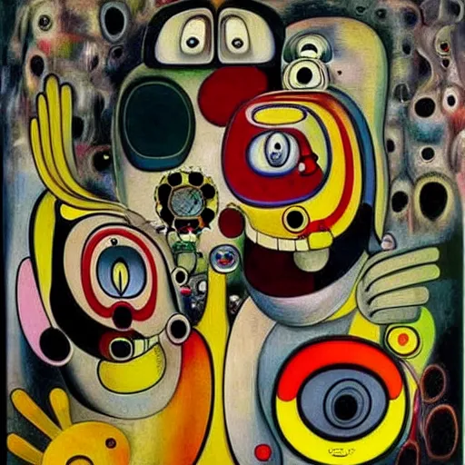 Image similar to Oil painting by Roberto Matta. Strange mechanical beings kissing. Portrait by Takashi Murakami.