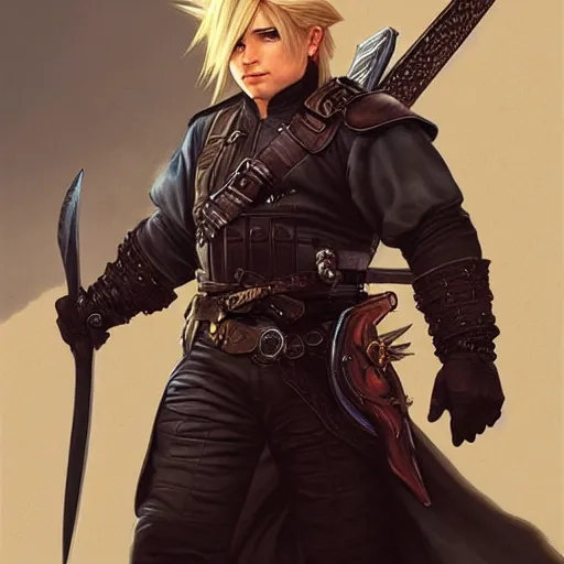 Prompt: Danny DeVito as Cloud Strife, western, D&D, fantasy, intricate, elegant, highly detailed, digital painting, artstation, concept art, matte, sharp focus, illustration, art by Artgerm and Greg Rutkowski and Alphonse Mucha