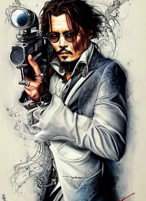 Image similar to johnny depp play james bond film by james jean, karol bak