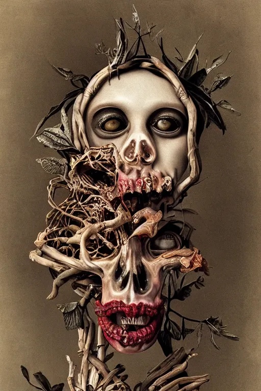 Image similar to Detailed maximalist portrait with large lips and large eyes, angry, exasperated expression, botanical skeleton, extra flesh, HD mixed media, 3D collage, highly detailed and intricate, surreal illustration in the style of Caravaggio, dark art, baroque