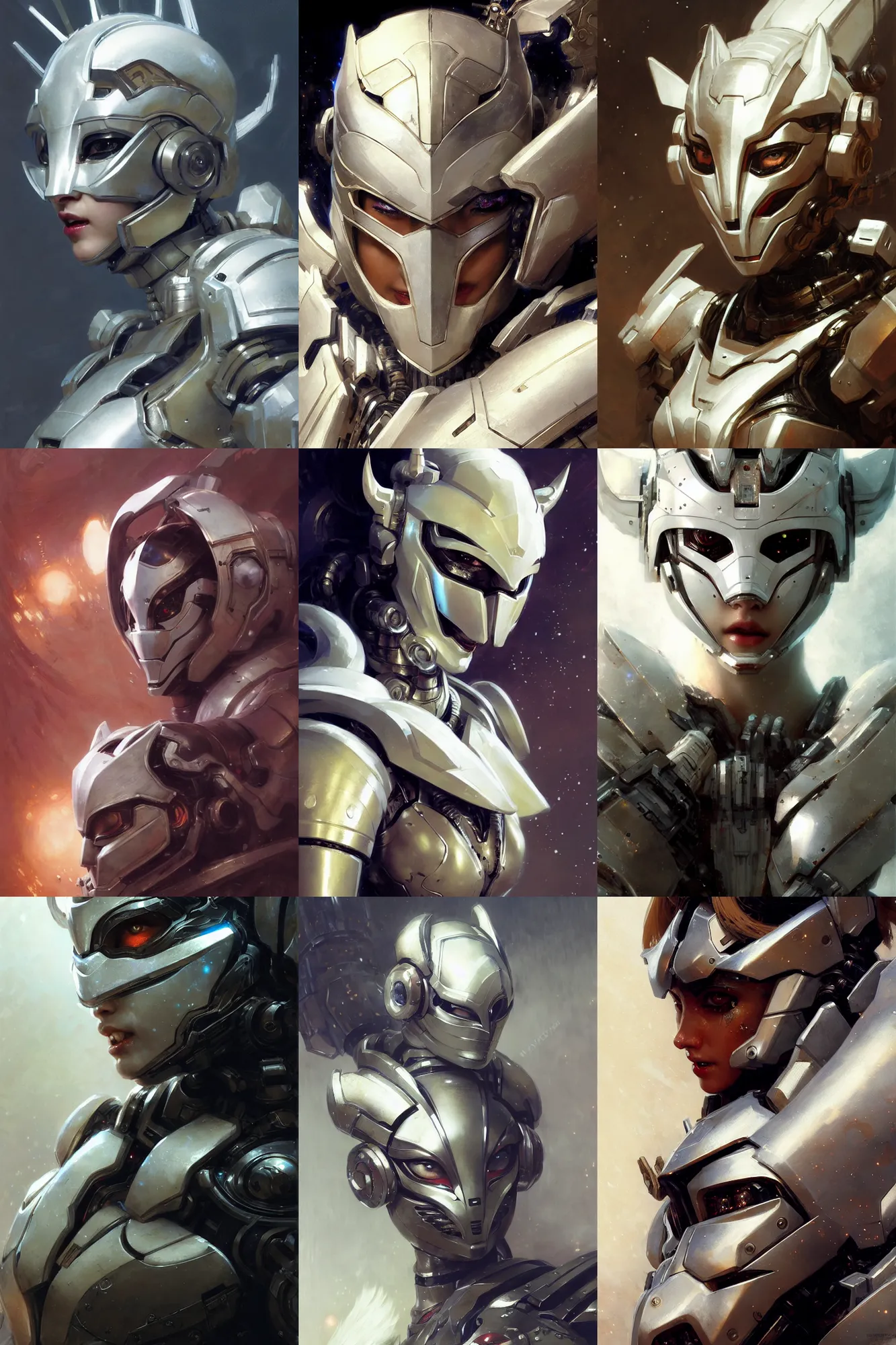 Prompt: extreme close up, extreme full body, facial portrait, half - woman with a beautiful face in white sci - fi armor, kitsune mask on head, mechanical armor, cybernetic hands, striking pose, portrait dnd, painting by gaston bussiere, craig mullins, greg rutkowski, yoji shinkawa