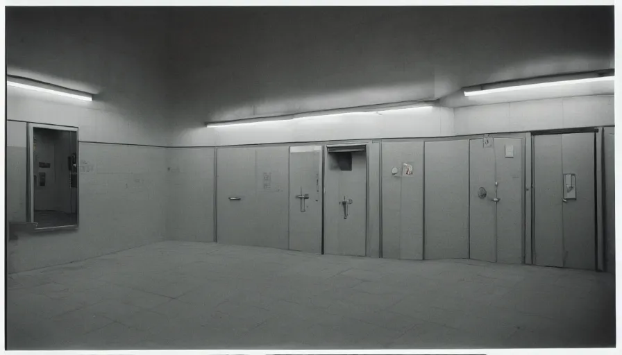 Image similar to 60s movie still of a sovietic stalinist style empty public bathroom, cinestill 800t 50mm eastmancolor, liminal Space style, heavy grain-s 150