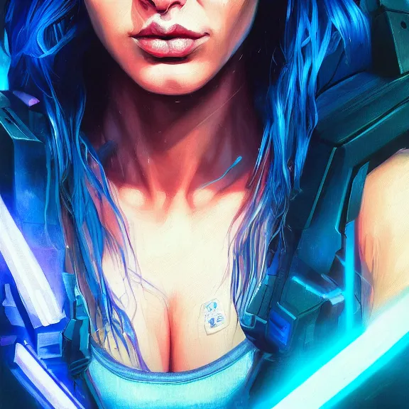 Prompt: “hiperrealist close up portrait of cyberpunk Gal Gadot with blue hair, digital art, concept art, neon colors, studio lightning, high contrast, sharp focus, high detail, photorealist, Artstation HQ, DeviantArt, cybernetics, techwear, urban samurai, netrunner, Shadowrun, Cyberpunk 2077, Deus Ex, 4k UHD, Unreal Engine 5”