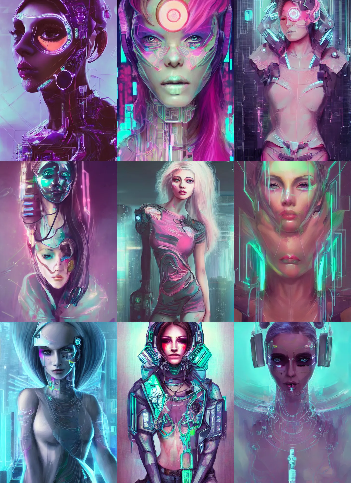 Prompt: beautiful full body concept art, beautiful pastel paint illustration of a beautiful female cyberpunk with beautiful face and eyes wearing intricate clothing