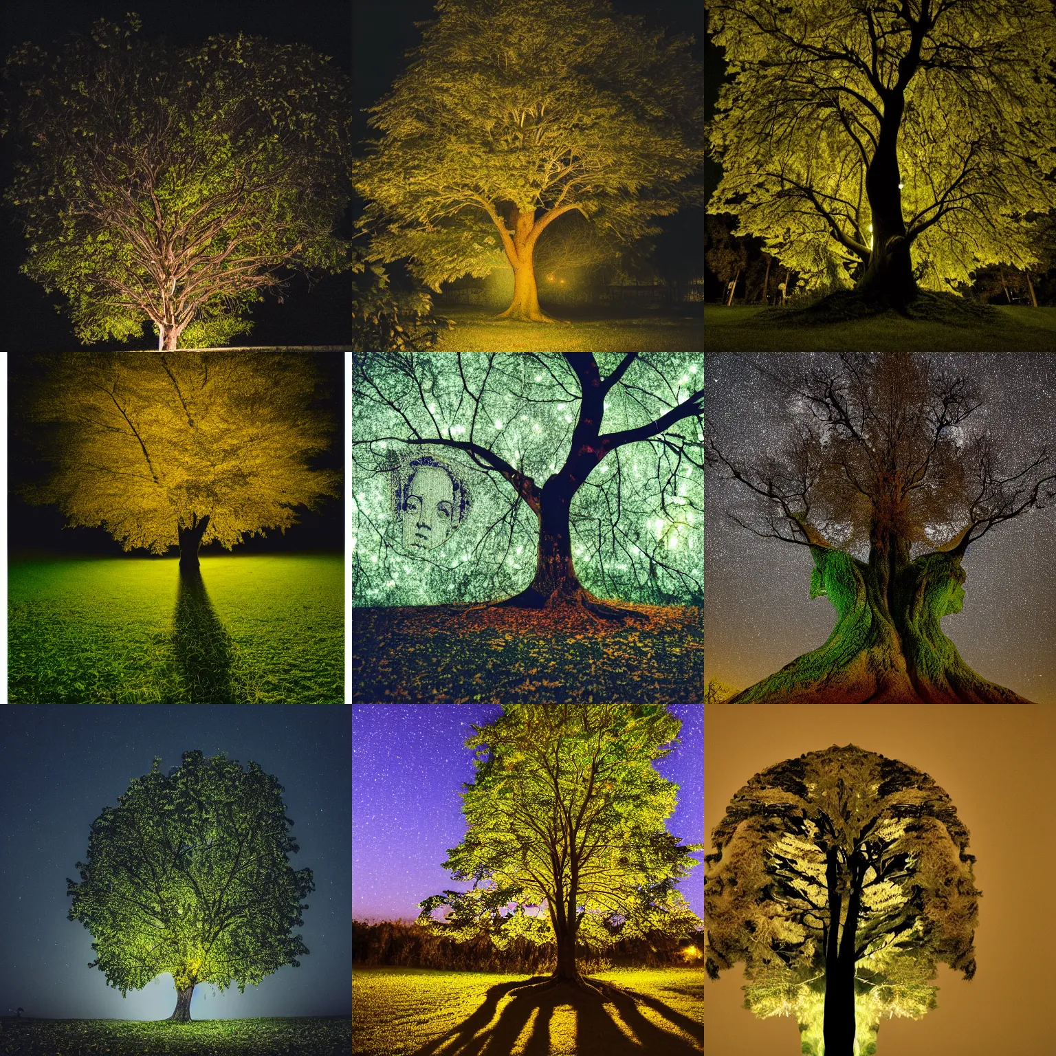 Prompt: photograph of a beautiful tree at night with a face in the leaves