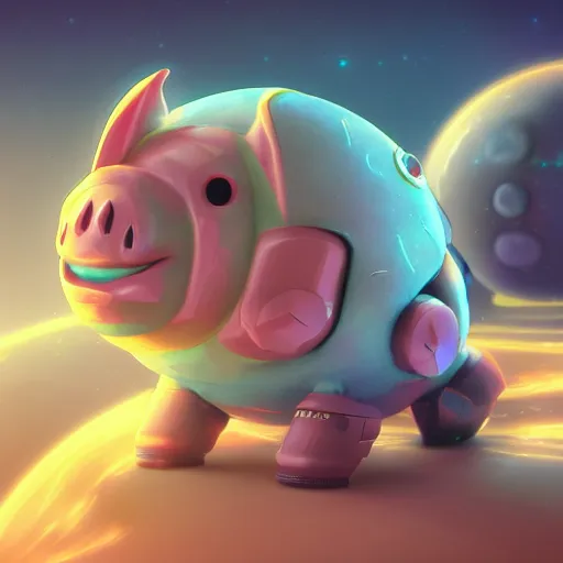 Image similar to 3D Fantasy Cute and adorable mecha piggy floating in space, bright stars, Smooth 3D Illustration, soft render, Servando Lupini, Daniil Kudriavtsev, handpaint texture, Blender, 3DCoat