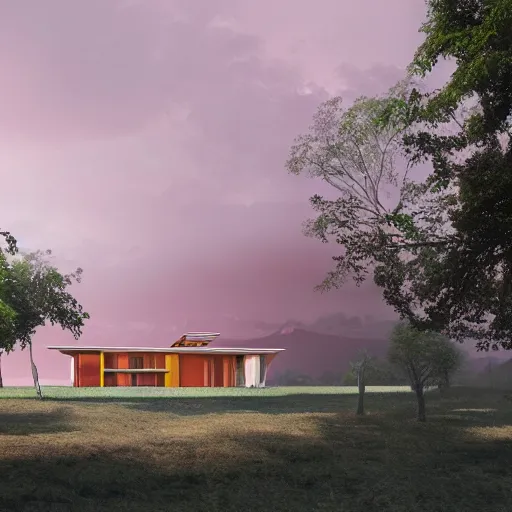 Image similar to modernist house inspired by a tibetan palace between big trees, light pink clouds, dramatic lighting, artstation, matte painting, raphael lacoste, simon stalenhag, frank lloyd wright, zaha hadid