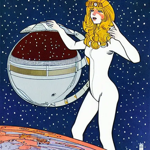 Prompt: astronaut girl fixing the spaceship by milo manara