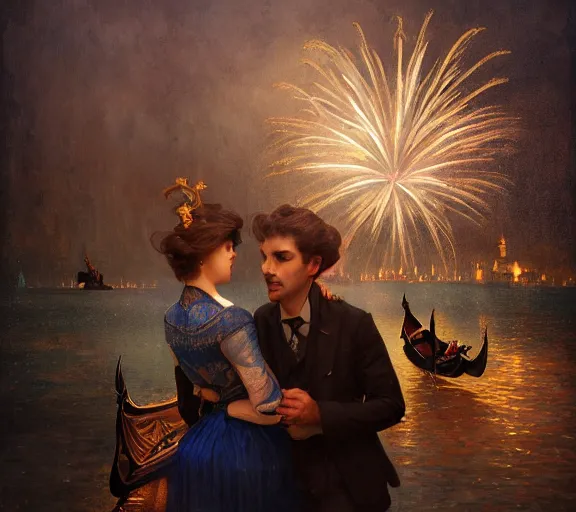 Image similar to photography of a 1 8 th couple in venice with fireworks, deep focus, intricate, elegant, highly detailed, digital painting, artstation, concept art, matte, sharp focus, illustration, art by artgerm and greg rutkowski and alphonse mucha and gil elvgren