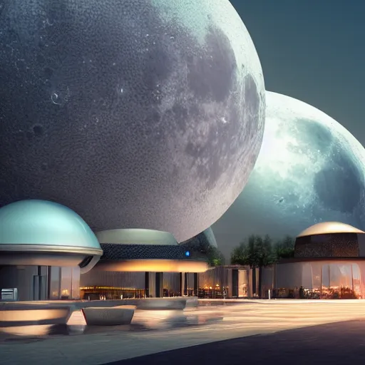 Image similar to octane render, industrial light magic, sharp professional photo inside a high - end luxurious beautiful utopian futuristic moon worlds fair, ultradetailed, photorealistic