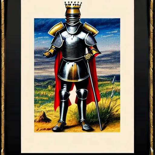 Image similar to full body!!!!!!, knights armor, donald trump, crown, donald trump's face!!!!!, detailed face, painting of a knight, boots, medieval castle background, valiant, by hans thoma