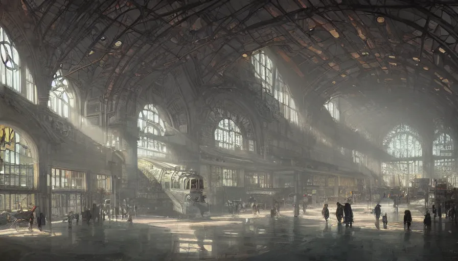 Prompt: Railway station in a Dieselpunk city, steam, large stained glass windows, pipes in the walls, epic composition, intricate, elegant, volumetric lighting, digital painting, highly detailed, artstation, sharp focus, illustration, concept art, ruan jia, steve mccurry