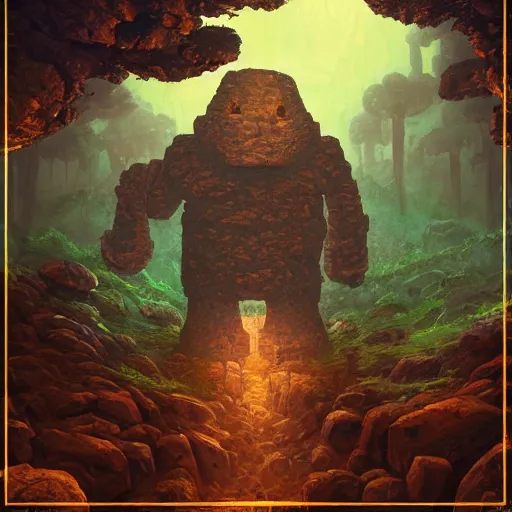 Image similar to a stone golem constructed out of rocks glowing minerals and wood, guarding the magnificent intricate design gate to a forest, 8 k resolution detailed fantasy art, asymmetrical composition, anato finnstark marc simonetti lisa frank zbrush central gloomy midnight.