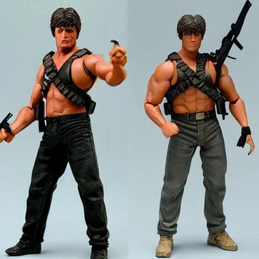 Image similar to 12 inch full body lifelike action figure of Stallone as Rambo. Big muscles. Holding a fully automatic rifle