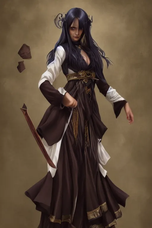 Prompt: Pretty 40 years old Master Illusionist lady, dark brown skin, dark brown hair, straight hair, Dark blue and White robes, multiple floating swords, waifu, epic fantasy, love interest, artstation, trending in deviantart, artstationHD, by Leng Jun artstationHQ, detailed, HD, 8K, RGB, octane