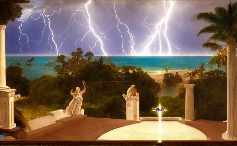 Image similar to mediterranean balustrade and columns, refracted lightnings on the ocean, thunderstorm, greek pool, beach and Tropical vegetation on the background major arcana sky and occult symbols, by paul delaroche, hyperrealistic 4k uhd, award-winning, very detailed paradise