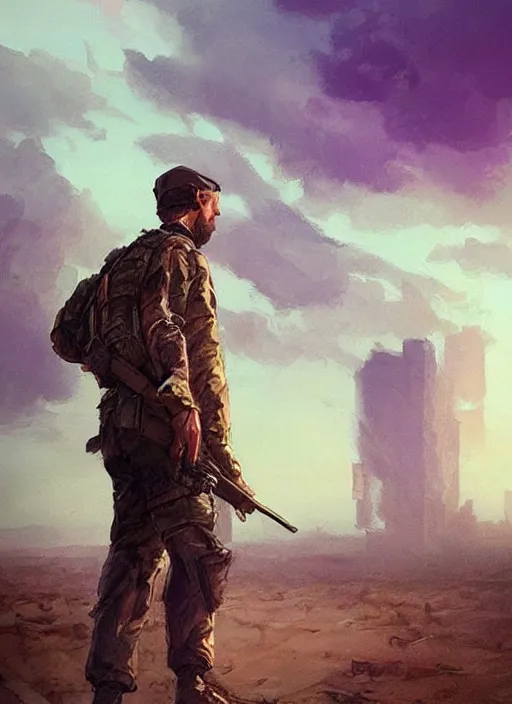 Image similar to purple scene lighting, detailed character portrait!!! concept art, older ryan gosling as a soldier with beard, short hair, in a soldier uniform, desert background, city skyline, sharp focus, illustration, highly detailed, digital painting, concept art, matte, art by wlop and artgerm and greg rutkowski, masterpiece