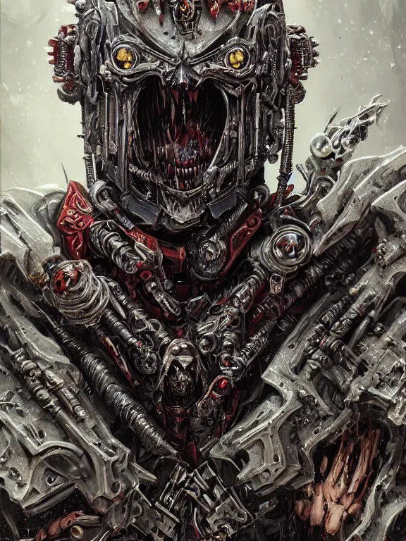 Image similar to art portrait of an undead space marine vampire king, intricate detailed armour ,8k,by tristan eaton,Stanley Artgermm,Tom Bagshaw,Greg Rutkowski,Carne Griffiths, Ayami Kojima, Beksinski, Giger,trending on DeviantArt,face enhance,hyper detailed,minimalist,cybernetic, android, blade runner,full of colour,