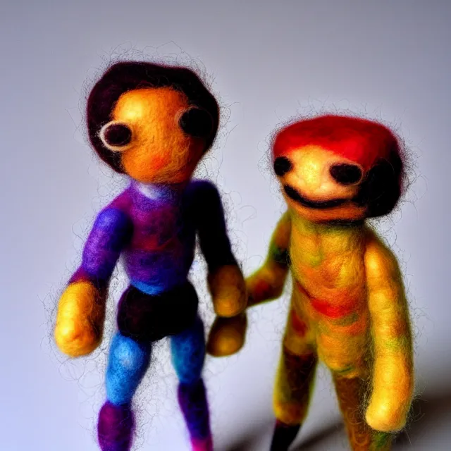 Prompt: needle felted person fighting, highly detailed, tilt shift, cute, hyperrealism, highly textured, god rays