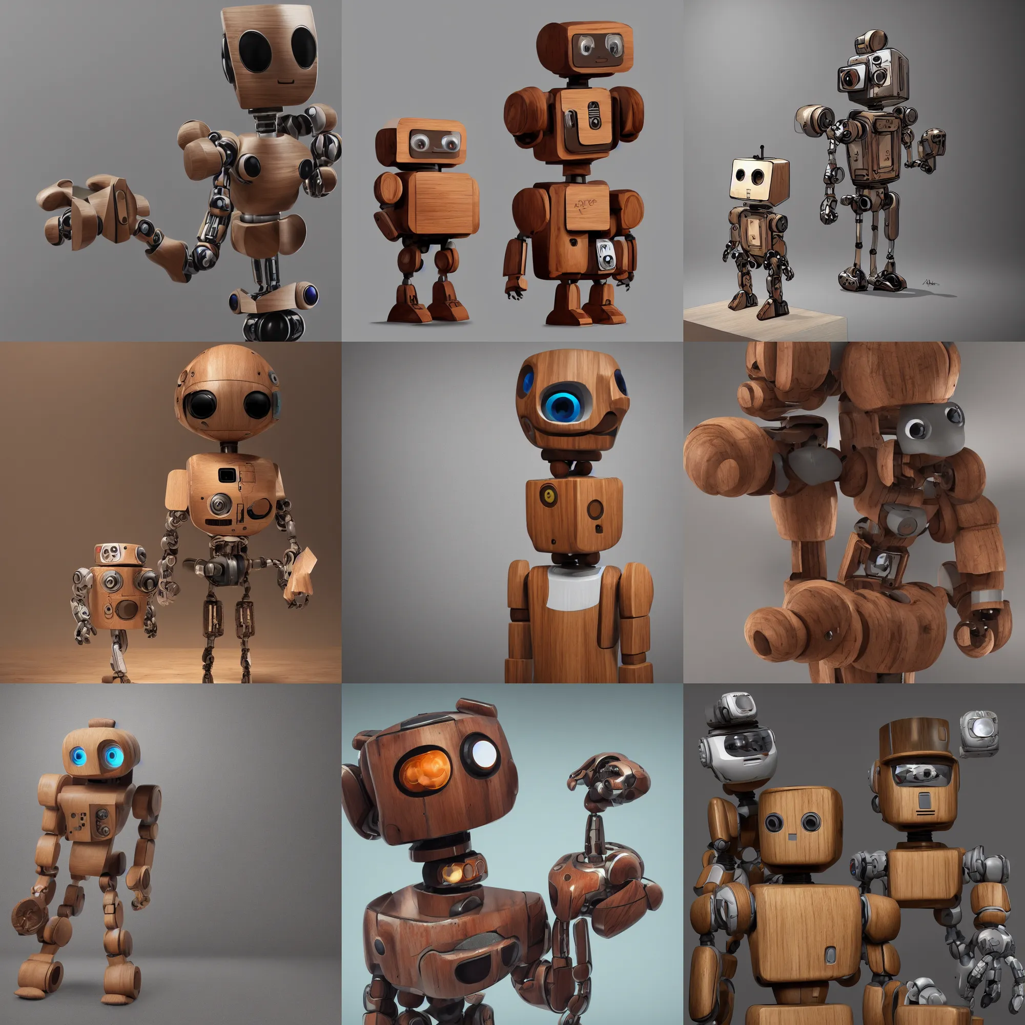 Prompt: 8 k photorealistic, a wooden art toys on a pedestal a cute robot wooden, cyberpunk concept art in a contemporary art gallery art, by afshar, petros