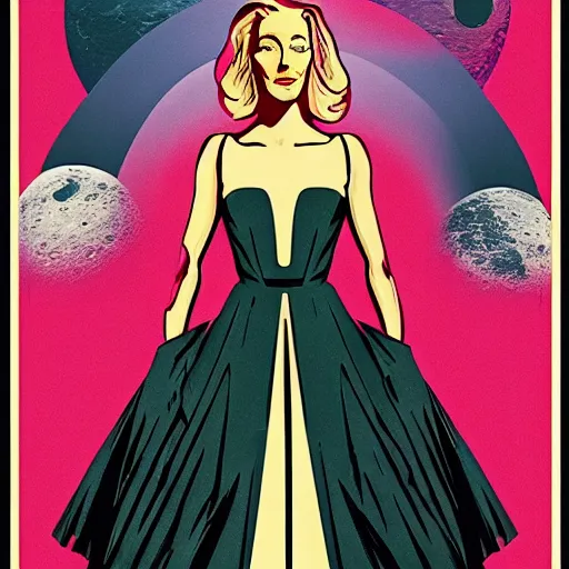 Image similar to propaganda poster for colonizing the moon with cate blanchett, by bonesetell