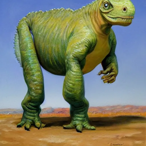 Prompt: eggroll iguanodon, eggroll dinosaur, iguanodon made of eggroll, painting by james gurney