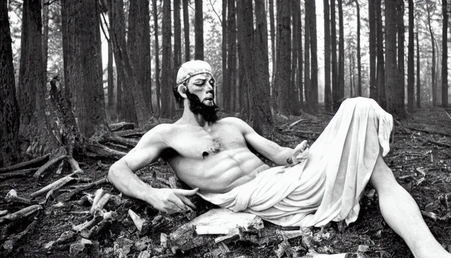 Image similar to 1 9 6 0 s movie still close up of a skinny emperor marcus aurelius with frozen face and a frozen toga, laying down on the danube's shore pine forests, cinestill 8 0 0 t 3 5 mm b & w, high quality, heavy grain, high detail, cinematic composition, dramatic light, anamorphic, hyperrealistic, foggy