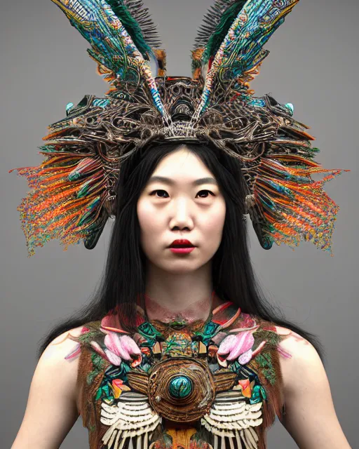 Image similar to mikami yua 3 d warrior goddess medium shot portrait. beautiful hyperrealistic intricate highly detailed magpie helm and richly embroidered blouse, quetzalcoatl, bioluminescent, curious, kintsugi, plasma, lava, ice, feather, artwork by tooth wu and wlop and chiara bautista, octane 3 d render