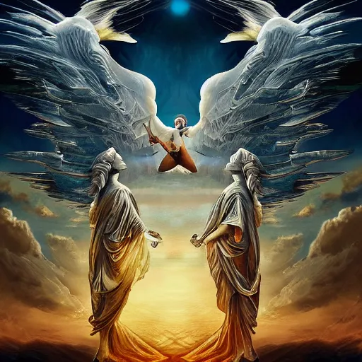 Image similar to angels in the sky, artistic, epic, detailed, realistic, point of view,