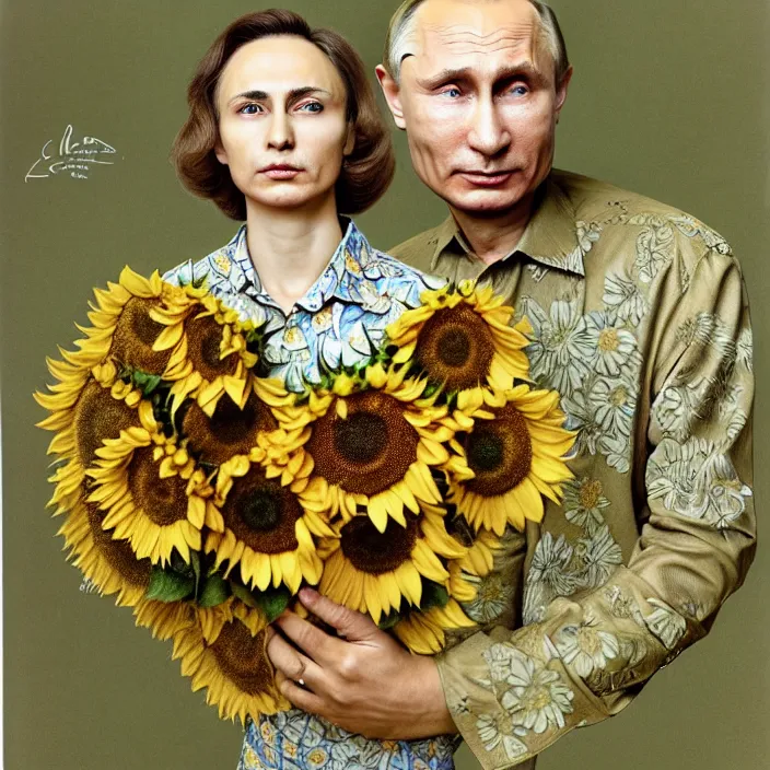 Image similar to photo portrait of Vladimir Putin - sunflowers - dressed in leisure shirt with ornamental ethereal sunflower pattern, natural skin tone, highly detailed realistic flowers ornament on the shirt, war in the background, hair, eyebrows and wrinkles are intricate with highly detailed realistic flowers, elegant, Realistic, Refined, Highly Detailed, natural soft pastel lighting colors scheme, fine art photography by Cecil Beaton, volumetric lighting, hyper realistic photography