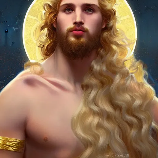 Image similar to Apollo the pale blond Greek God league of legends on his day off, long fluffy curly blond hair with Center parted curtain bangs, highly detailed, digital painting, artstation, concept art, golden ratio composition, smooth, sharp focus, illustration, ArtStation, art by artgerm and greg rutkowski and alphonse mucha and Edmund Blair Leighton and Charlie Bowater