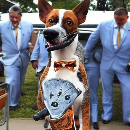 Prompt: Blue Heeler dog wearing a suit and smoking a cigar, holding a shotgun and pointing it at somebody mob-style.