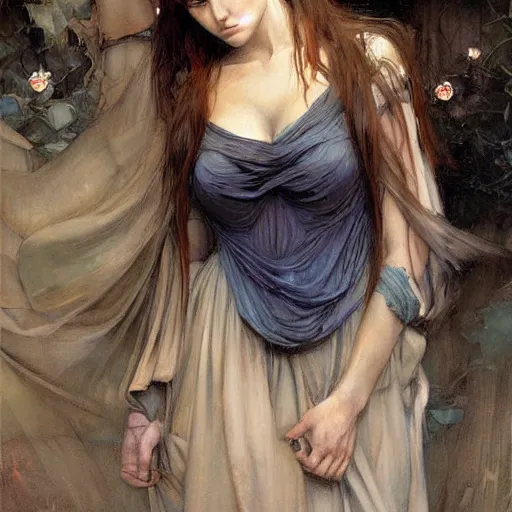 Image similar to a painting in the style of charlie bowater, and in the style of donato giancola, and in the style of john william waterhouse.